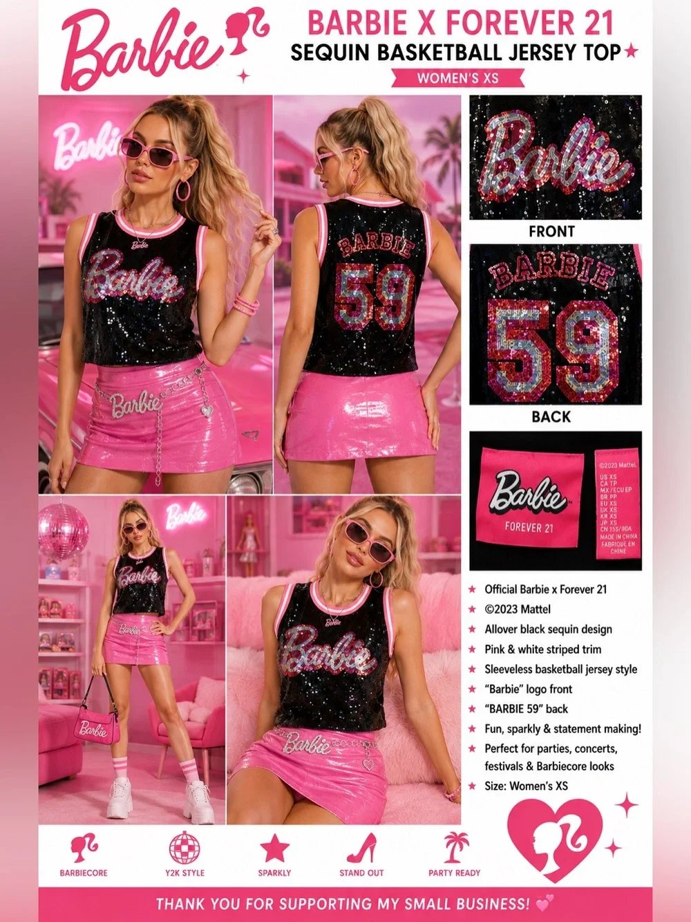 Barbie x Forever 21 Sequin Basketball Jersey Top Black Pink 59 Women’s XS